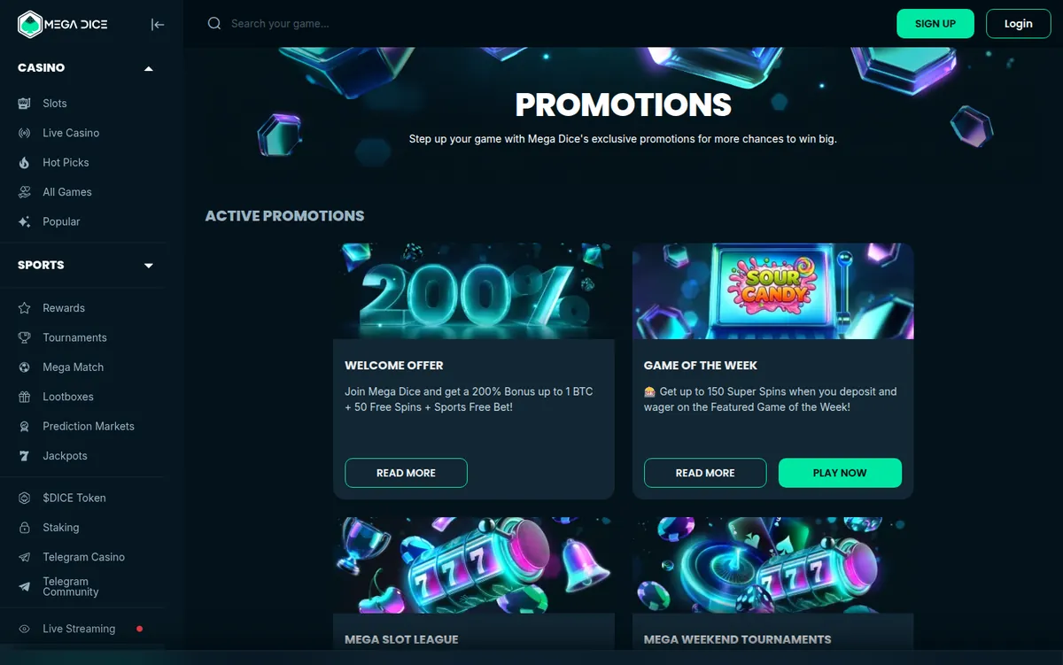 La página de promociones de Mega Dice que enumera sus ofertas de bonos actuales y sus condiciones principales
