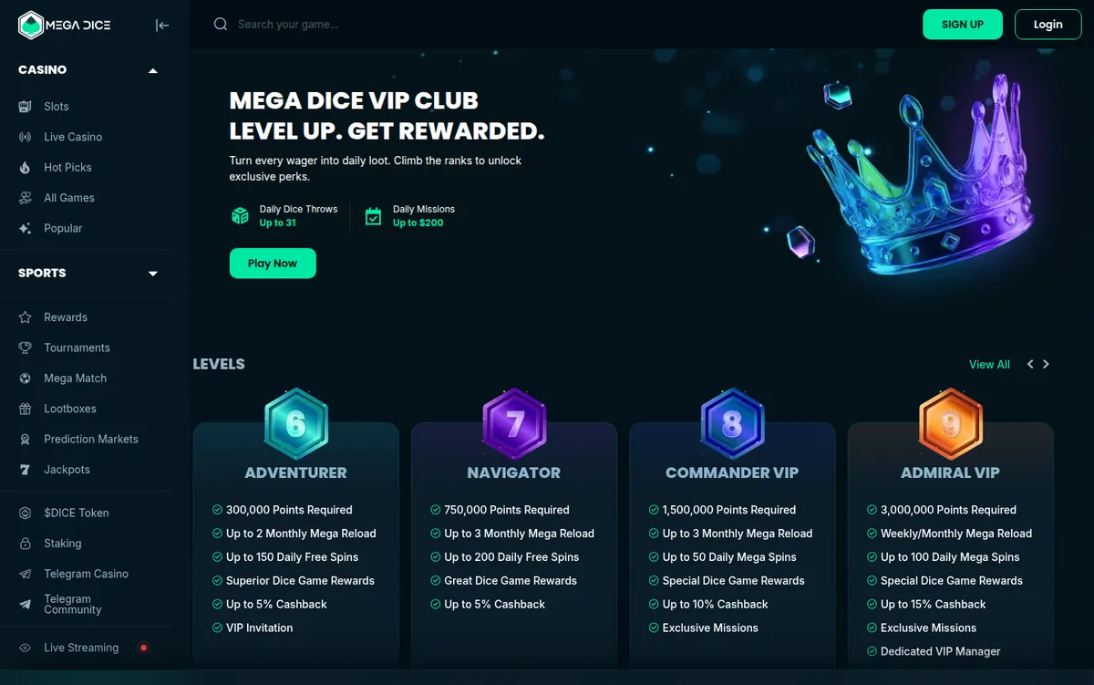La página del programa VIP o de fidelidad de Mega Dice que muestra sus niveles y recompensas