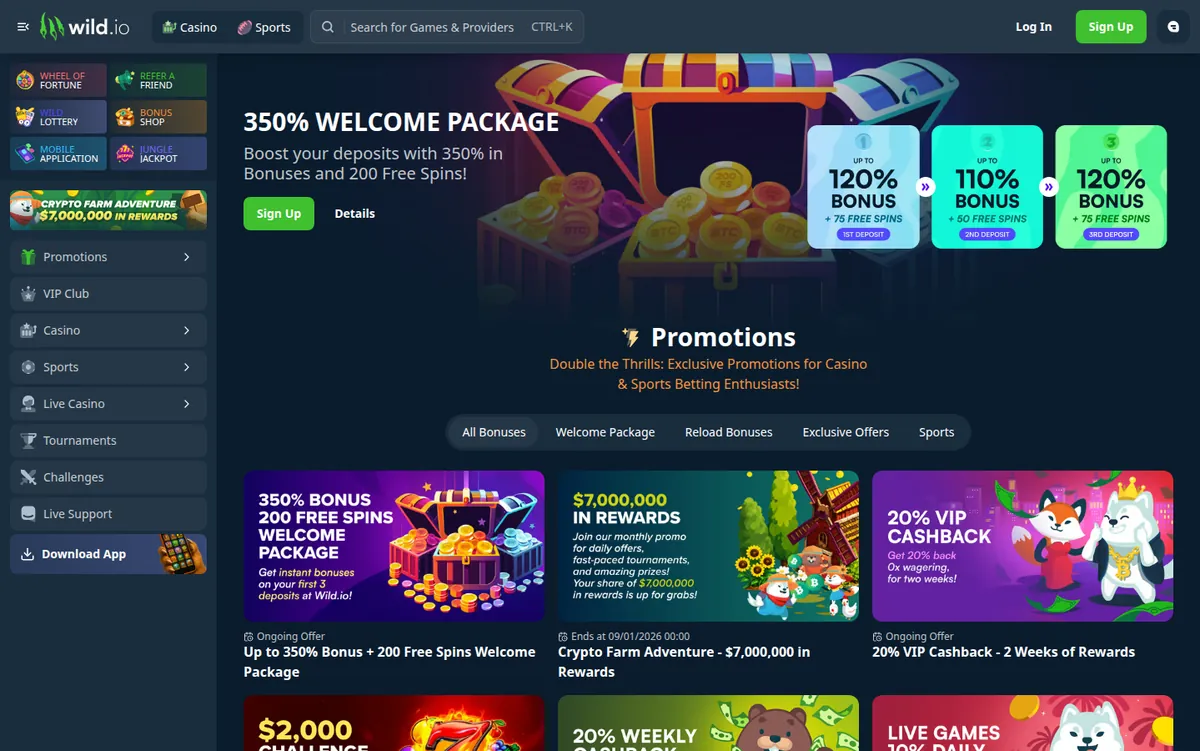 La página de promociones de Wild.io que enumera sus ofertas de bonos actuales y sus condiciones principales