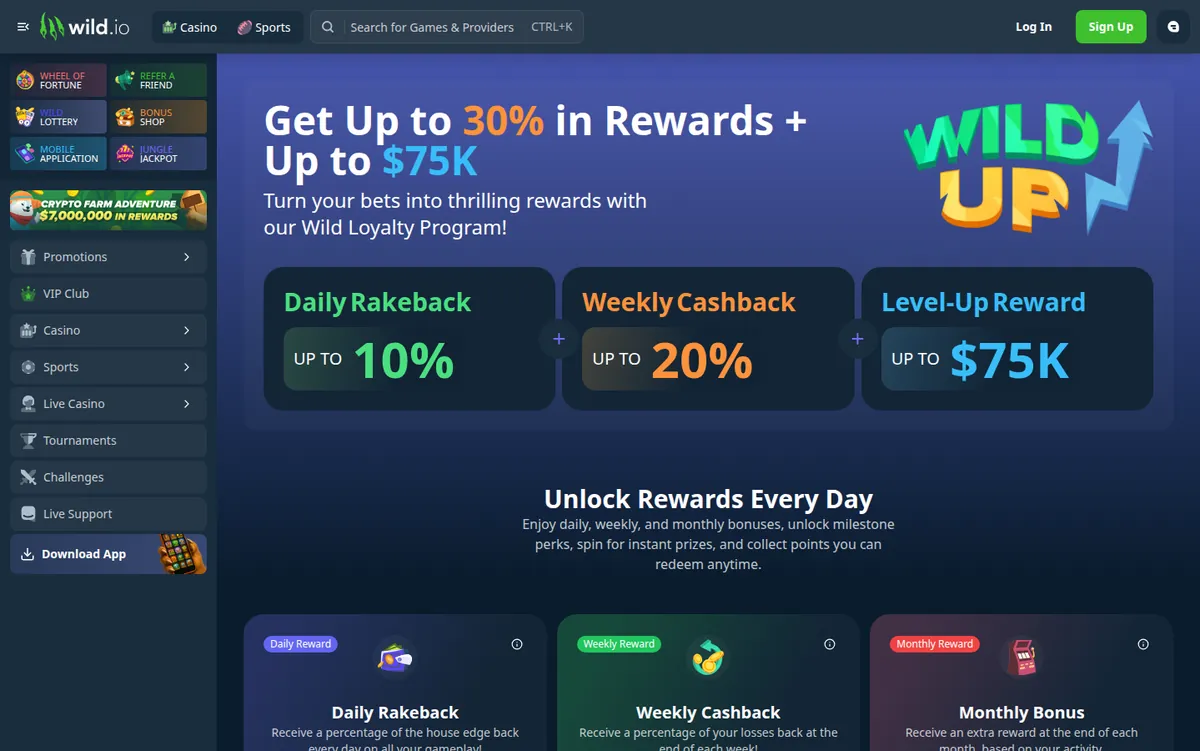 La página del programa VIP o de fidelidad de Wild.io que muestra sus niveles y recompensas